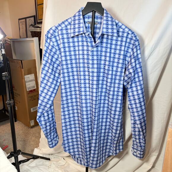 Johnston & Murphy Mens tailored fit blue geometric dress shirt.  Size M. - Picture 3 of 8